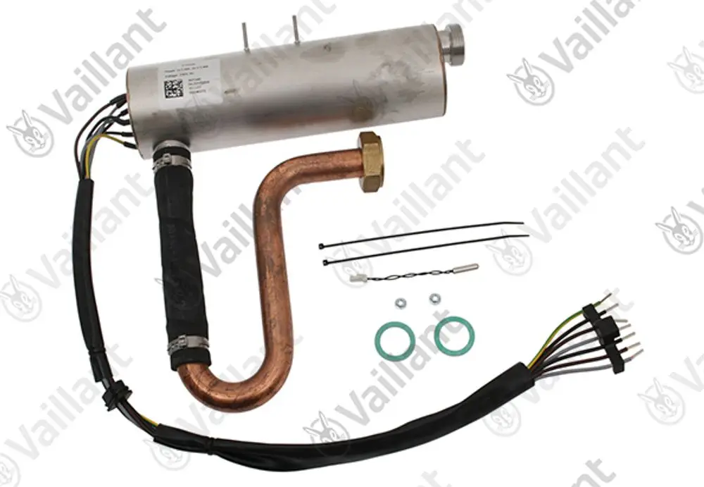 Vaillant Zusatzheizung mit Metallgehäuse, Kupferrohr und elektrischen Anschlusskabeln, inkl. Zubehörteilen wie Dichtungen und Clips.